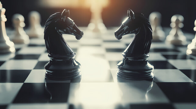 Close-up of black and white chess knight pieces in a standoff position on a stylized chessboard, symbolizing strategy and rivalry. Knights Tournament. Illustration