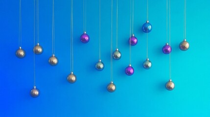 blue, purple and fuchsia christmas baubles hanging against bright blue background with copy space