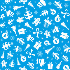 Christmas seamless pattern of icons on blue background in flat style