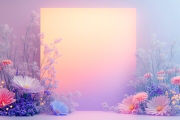 spring background with purple flowers and a shiny purple card with copy space