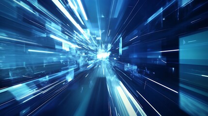 Abstract blue and white lines converge into a bright center point, creating a sense of speed and movement.