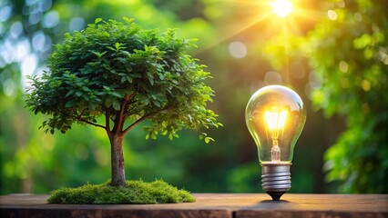 The eco-friendly lamp shines light on a tree, embodying sustainable energy principles and encouraging the use of renewable resources for a greener