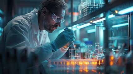 A scientist working in a high-tech laboratory with test tubes and advanced equipment. The scene is professional and detailed, emphasizing scientific research and innovation.