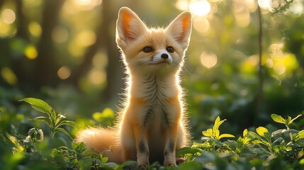 Adorable fennec fox kit sitting among greenery, glowing softly in the sunlight