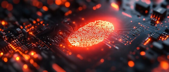 Closeup of digital fingerprint on a glowing circuit board, tech security