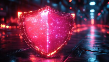 Digital shield glowing in neon pink and blue, symbolizing cybersecurity, futuristic setting