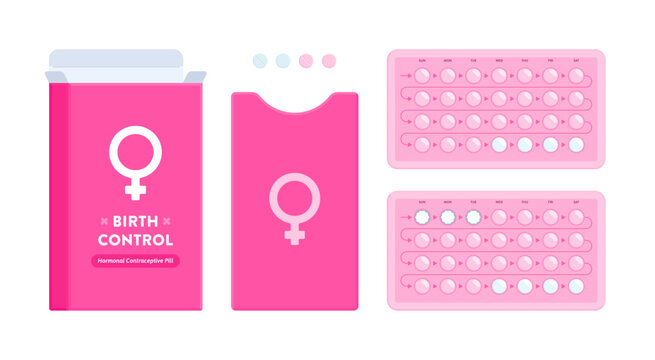 Set of oral contraceptives with birth control pill packs in pink. Women's health, menstrual cycle regulation, and contraception concept. Flat vector illustration isolated on a white background