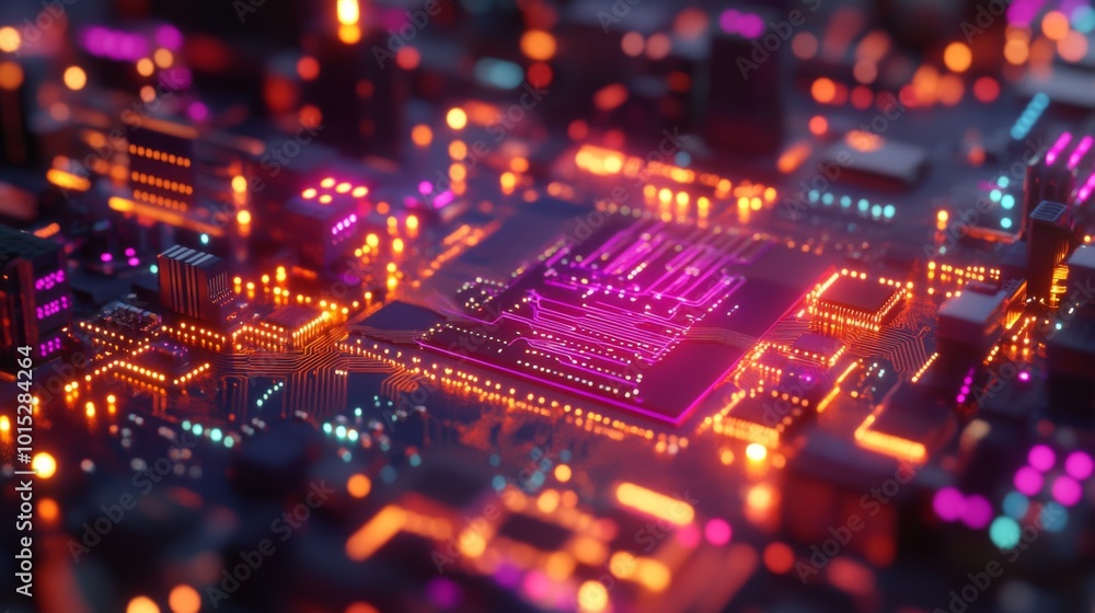 Poster a glowing circuit board with intricate patterns and vibrant colors, representing technology and inno