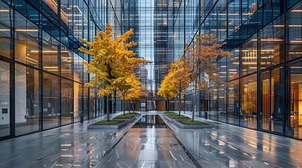 administrative office with pleasant atmosphere and transparent glass surrounded by skyscrapers in the city center