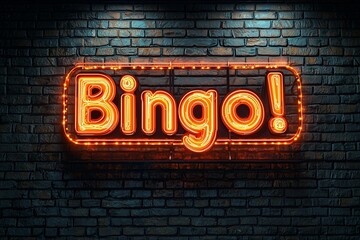 Neon sign with text "Bingo!" on a dark brick wall background. Game and gambling concept, symbol of a casino game or lotto festival in a clip art style. 