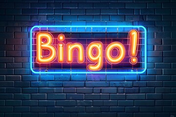 Neon sign with text "Bingo!" on a dark brick wall background. Game and gambling concept, symbol of a casino game or lotto festival in a clip art style. 