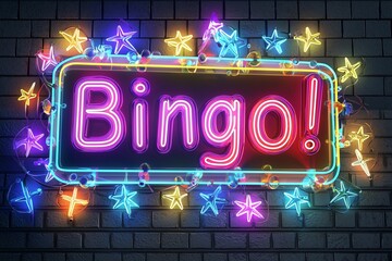 Neon sign with the word "Bingo!" colorful with white numbers and stars around it on a dark brick wall background.