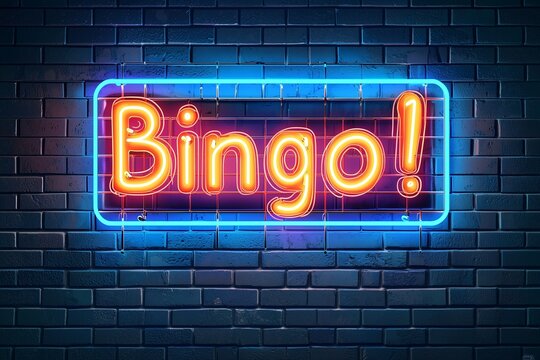 Neon sign with text "Bingo!" on a dark brick wall background. Game and gambling concept, symbol of a casino game or lotto festival in a clip art style.
