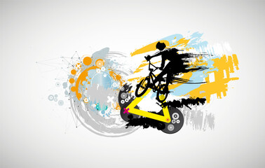 Vector banner or flyer with cyclist on the bike. Abstract poster of BMX competitions sport template.