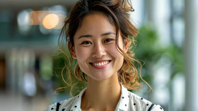 A cheerful young woman stands confidently in a contemporary space filled with plants and natural light