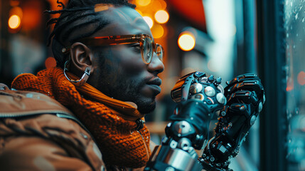 Profile Portrait of a Black Man in a Cafe, Showcasing Innovative Bionic Arms and Hands, Symbolizing Strength and Technology in Everyday Life.
