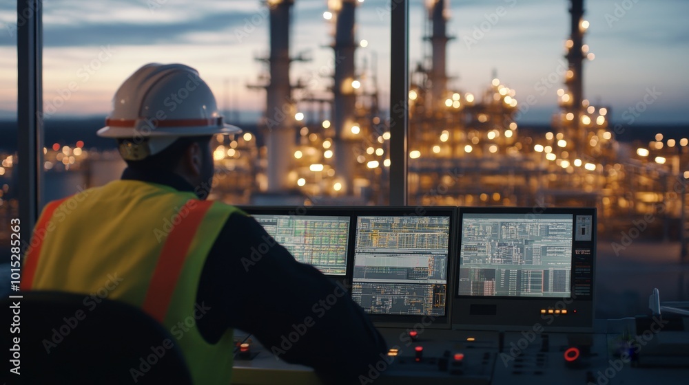 Poster an engineer in a hard hat and safety vest oversees refinery processes from a control panel filled wi