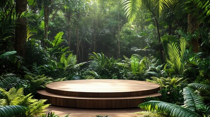 Wooden podium in a lush jungle, surrounded by ferns, soft natural lighting