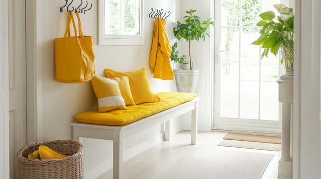 A welcoming entryway showcases a yellow cushion bench, matching accessories, and indoor plants, creating a cheerful atmosphere illuminated by abundant natural light.