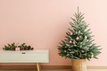 Fototapeta premium A Christmas tree adorned with ornaments stands next to a stylish table displaying festive decorations and pine cones