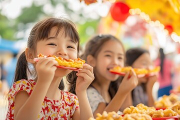 Joyful asian children enjoying a summer festival with festive snacks