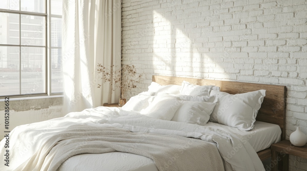 Poster a bed with white linen sheets and a wooden headboard is positioned in front of a white brick wall. l