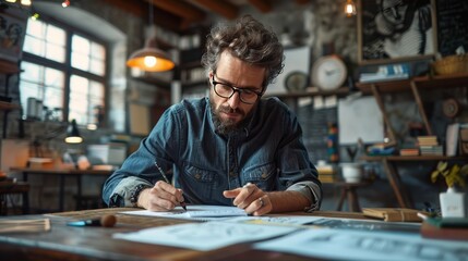 Obraz premium A creative professional sketching in a studio, representing focus and artistic creativity.