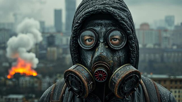 A lone figure in a gas mask stands in a fiery, smoky urban wasteland