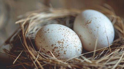 Closeup of white chicken bird eggs in a nest. Organic nature protein product food