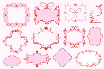 Cute coquette aesthetic pink and red frame set ribbon bow in vintage style. Vector illustration.