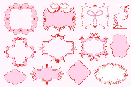 Cute coquette aesthetic pink and red frame set ribbon bow in vintage style. Vector illustration.