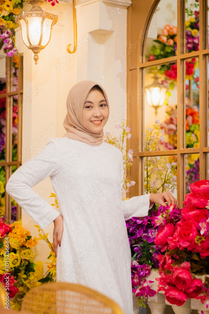 Wall mural young asia woman wearing a veil wearing a long white muslim dress smiling at the camera holding flow