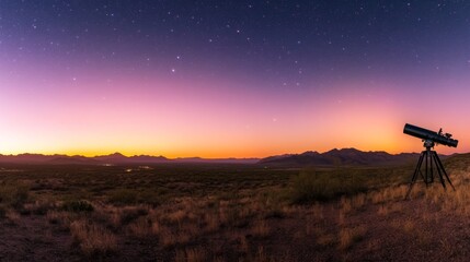Fototapeta premium A sweeping desert landscape reveals a multitude of stars overhead as twilight descends. A telescope stands ready, inviting exploration of the night sky