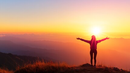Standing on a hilltop at sunrise, a woman spreads her arms wide to welcome the day, surrounded by soft rays of light that embody new beginnings and energy