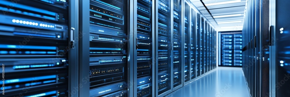 Poster data center secure server room, storing and processing big data with high cybersecurity measures
