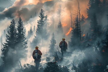 Fototapeta premium Firefighters Combatting Wildfire in Smoke-Filled Forest
