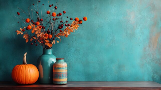 Fondo banner turquesa con flores de oto&ntilde;o en jarrones de colores en con una calabaza
