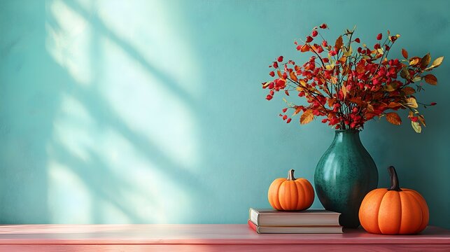 Fondo banner turquesa de Halloween con flores de oto&ntilde;o con una calabaza y libros