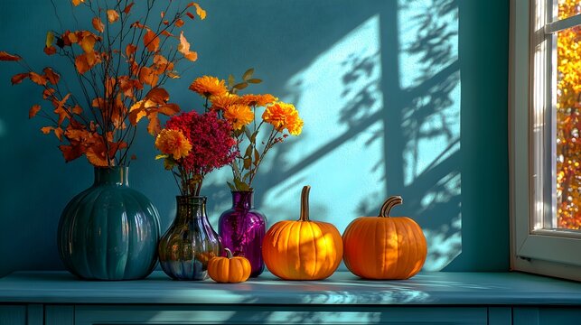 Fondo banner turquesa de Halloween con jarrones de colores y flores de oto&ntilde;o con calabazas