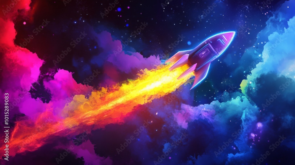 Poster a rocket energetically launches into the vastness of space, surrounded by colorful clouds of gas and