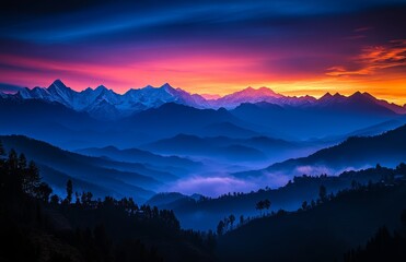 At dawn, vivid colors paint the sky as sunlight begins to rise over the mountain range, casting a tranquil glow on the valleys