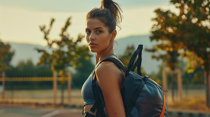 Beautiful young woman with a backpack in the park at sunset