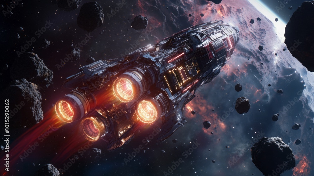 Poster a futuristic spaceship maneuvers skillfully amid numerous asteroids in a vibrant, distant galaxy. vi