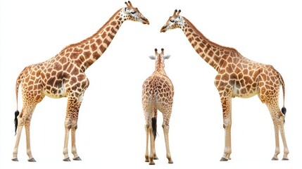 Obraz premium Three giraffes, two facing forward and one facing backwards, isolated on a white background.