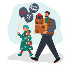Happy father and daughter walking from a sale.Parent carries boxes with goods and  gift in his hands.Girl holding balloons with handwritten.Design in flat color style.Black Friday vector illustration.