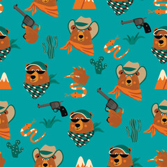 Wild West seamless pattern with Cowboy Bears.Heads of characters in hats and caps with neckerchiefs.Cartoon background with gun, snake, cacti.Vector flat color design for
textile,package,wallpaper.