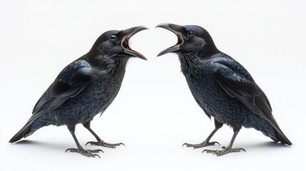 Obraz premium Two black ravens with their mouths open facing each other on a white background.