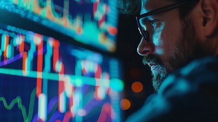 Businessman analyzing stock market data on digital screen. Stock market data concept