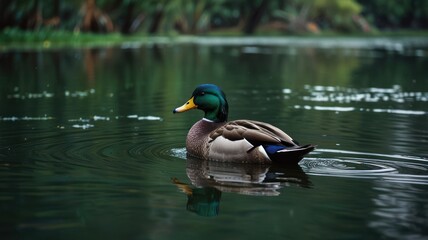 Obraz premium A single mallard duck swims in a tranquil pond, its reflection visible in the still water.