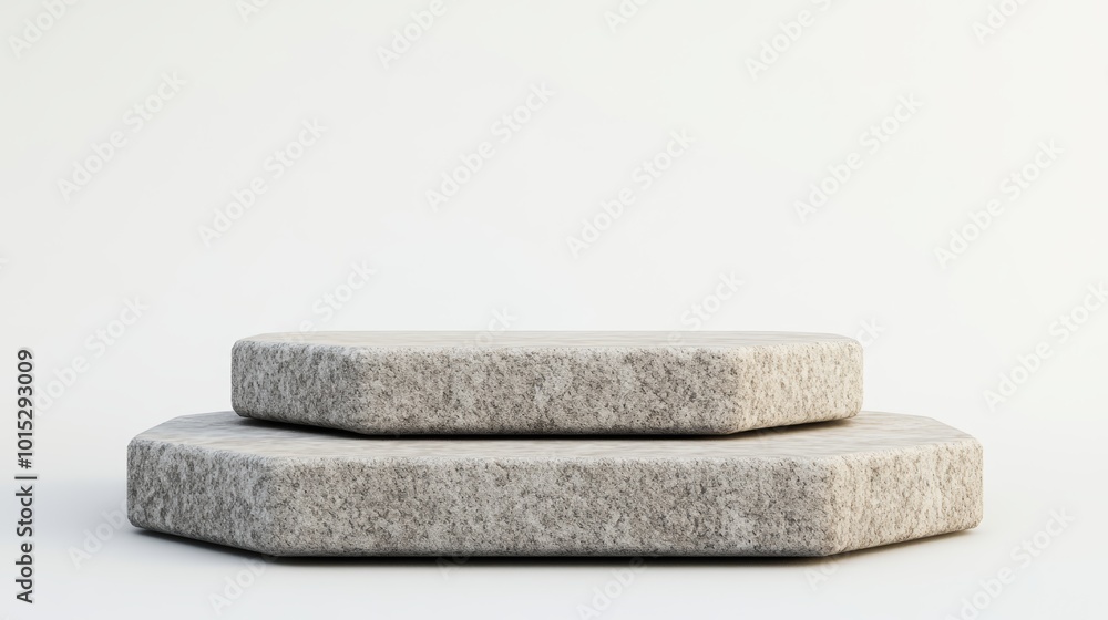 Poster two textured hexagonal stone platforms on a light background
